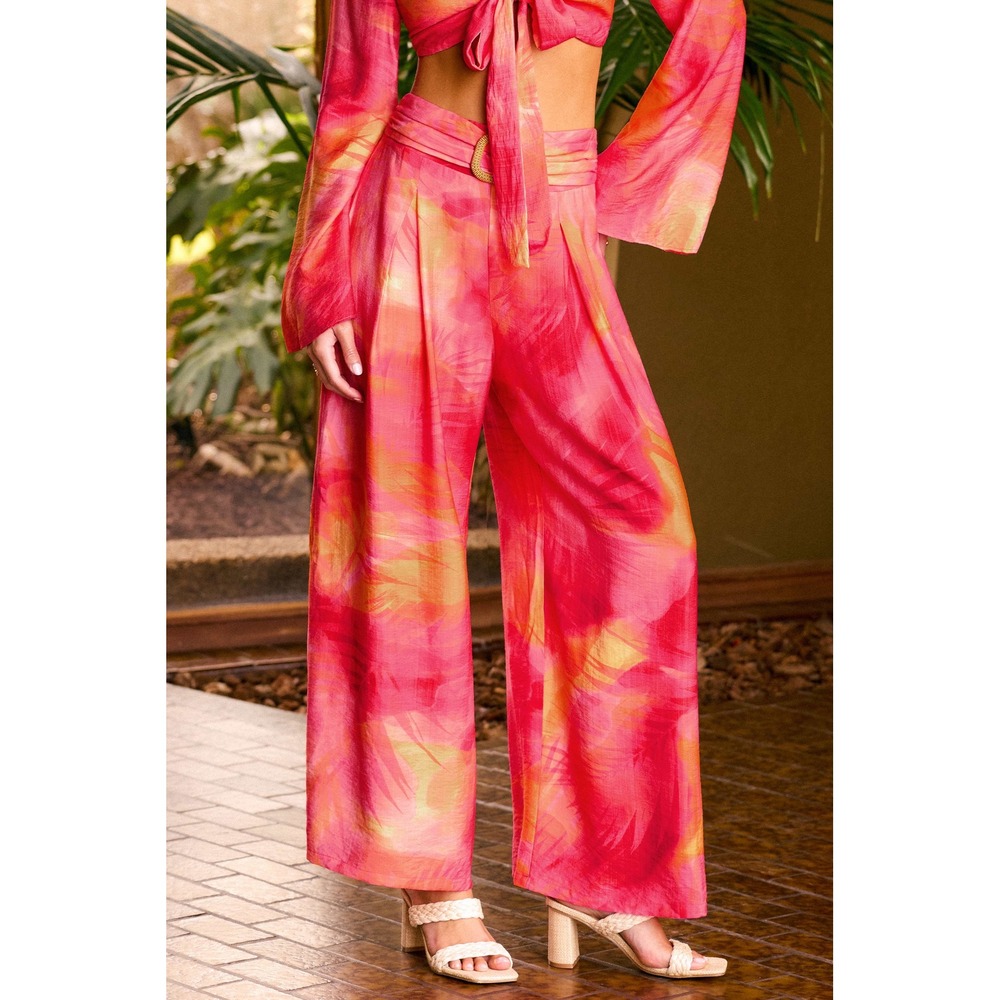 Cupshe x Jessie James Decker Kittenish Tropical Wide Leg Pants Pink Orange XS